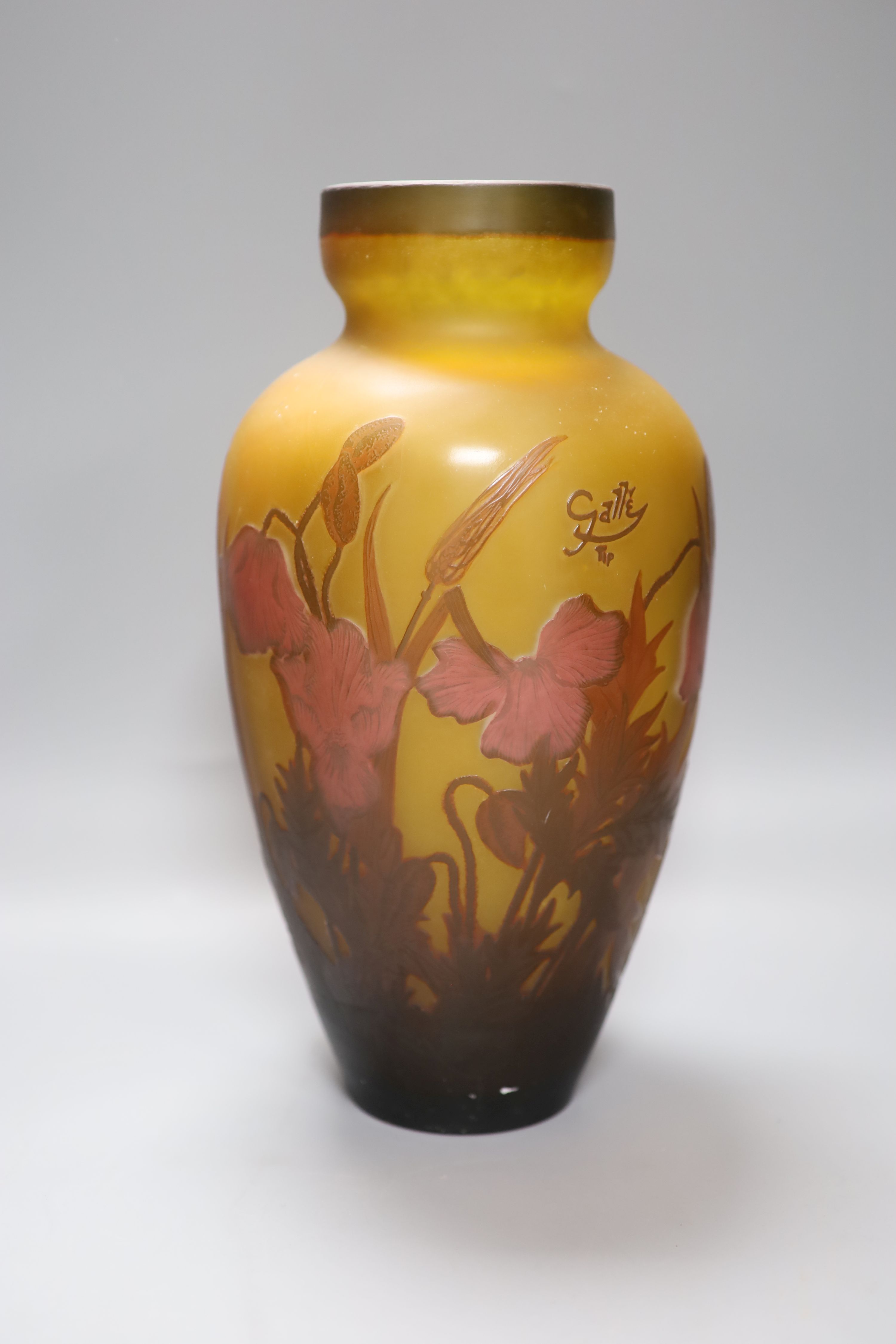 A Galle style glass vase, etched with flowers and leaves, height 33.5cm